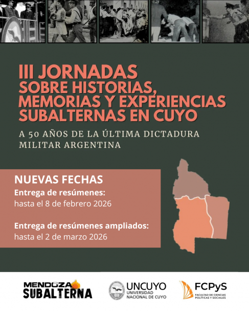 imagen En abril de 2026 se llevarán a cabo las 3ras. Jornadas sobre historias, memorias y experiencias subalternas en Cuyo "A 50 años de la última dictadura militar"