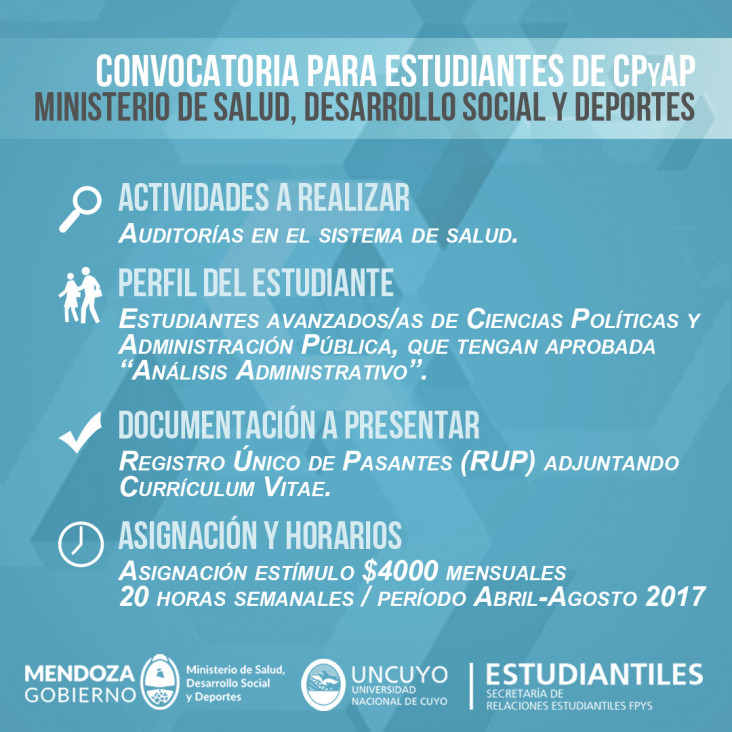 imagen Pasantía destinada a estudiantes para el Ministerio de Salud, Desarrollo Social y Deporte