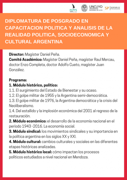 imagen Programa Diplomatura de Posgrado en Capacitación política y Análisis de la realidad política, socioeconómica y cultural argentina