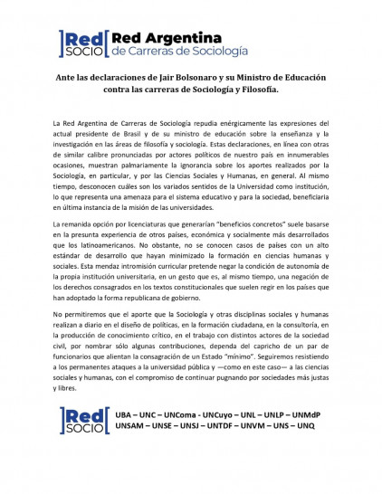 imagen Repudio de la Red Argentina de Carreras de Sociología a las declaraciones de Bolsonaro