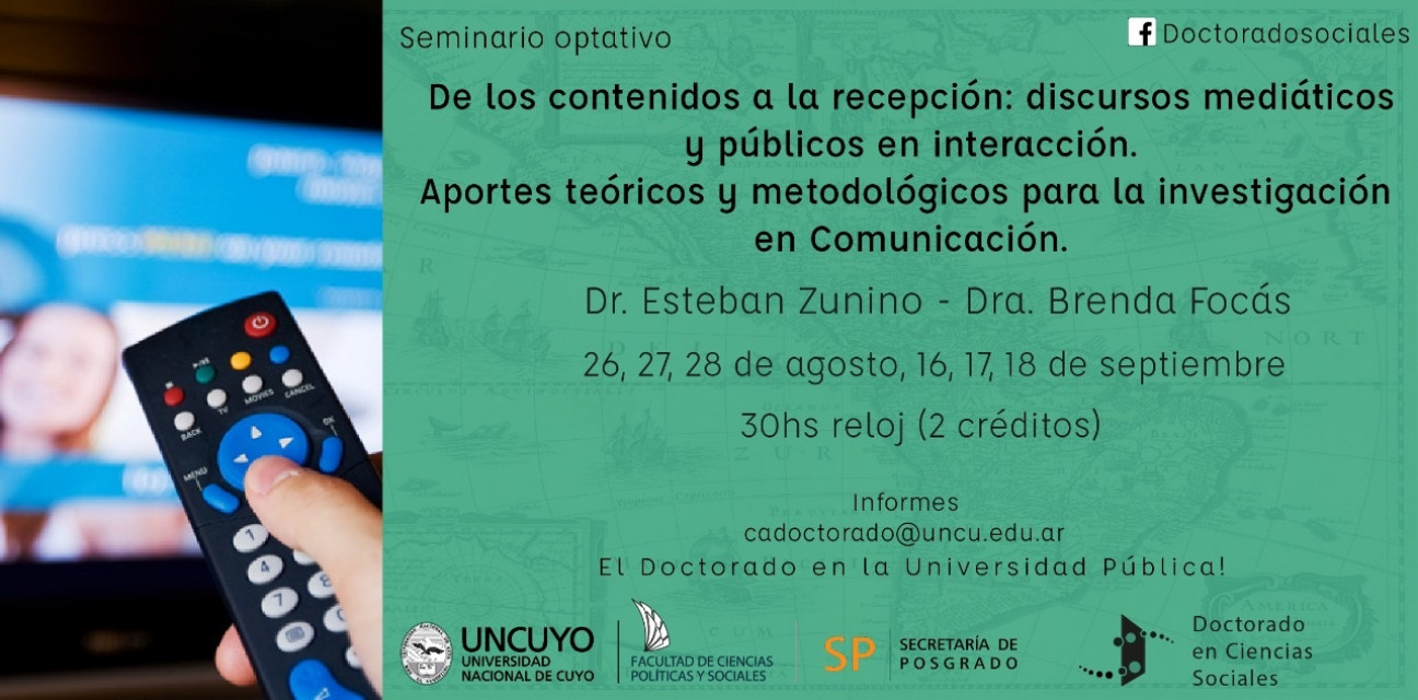 imagen Seminario optativo "De los contenidos a la recepción: discursos mediáticos y públicos en interacción. Aportes teóricos y metodológicos para la investigación en Comunicación"